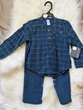 Gerber Navy Blue Plaid Henley Top and Pants Set